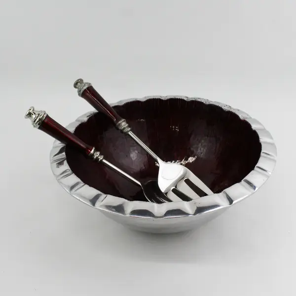 Simply Designz 3 Piece Salad Set Bowl Utensils Burgundy And Silver