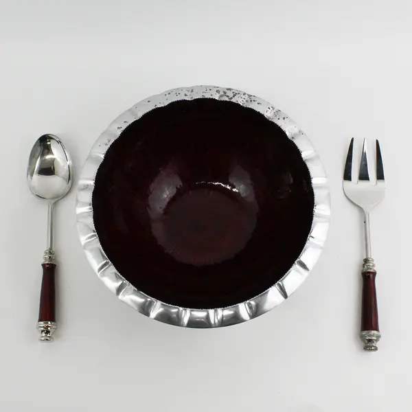 Simply Designz 3 Piece Salad Set Bowl Utensils Burgundy And Silver
