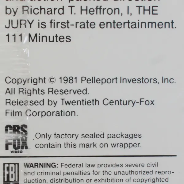 Vintage I, The Jury VHS Tape from 1984 #1186 New/Sealed