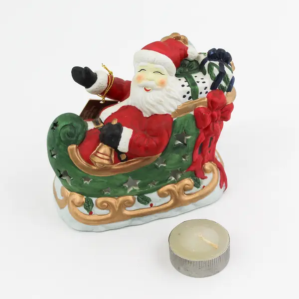 Roman Inc Ceramic Santa In His Sleigh Hand Painted Tealight Candle Holder 