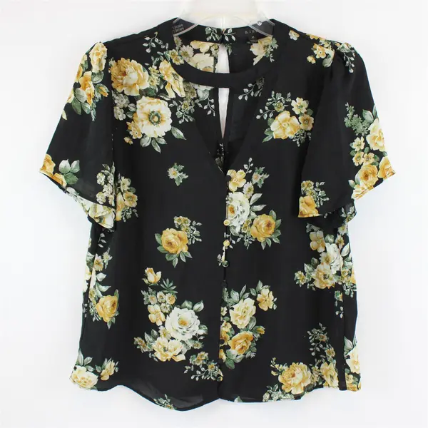 MINE Women Black Floral Short Sleeve Blouse Size M Button Front