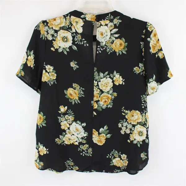 MINE Women Black Floral Short Sleeve Blouse Size M Button Front
