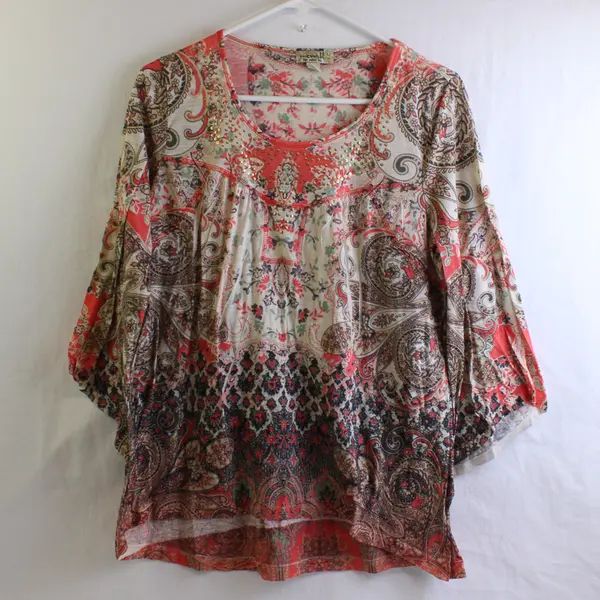 One World Women's Top Large Boho Beige Coral Sequin Bell Sleeve