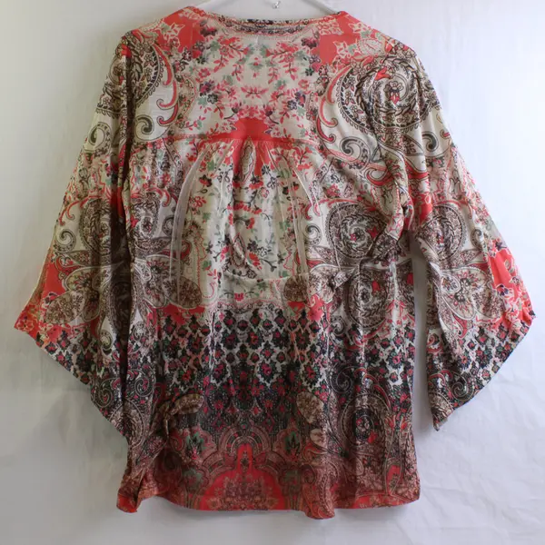 One World Women's Top Large Boho Beige Coral Sequin Bell Sleeve