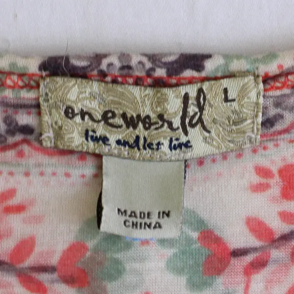 One World Women's Top Large Boho Beige Coral Sequin Bell Sleeve