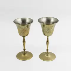 2  Brass Wine Goblets  Made In India Etched Floral Design 6 Inch