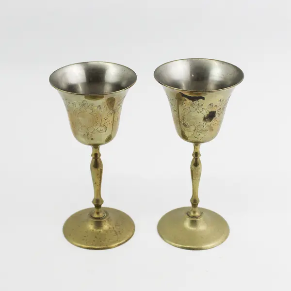 2  Brass Wine Goblets  Made In India Etched Floral Design 6 Inch