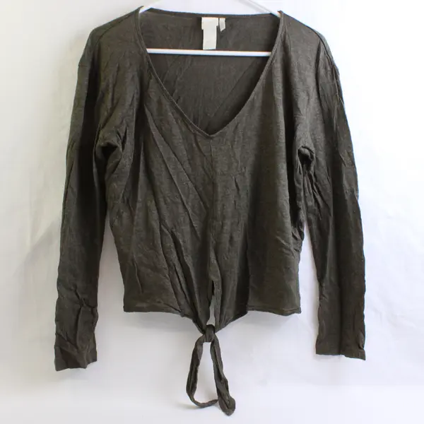 H&M Linen Women's Knit Top Long Sleeve Crop Tie Front Size Small