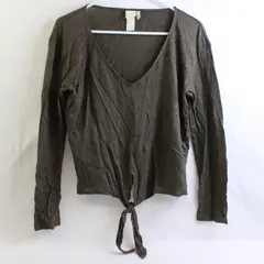 H&M Linen Women's Knit Top Long Sleeve Crop Tie Front Size Small