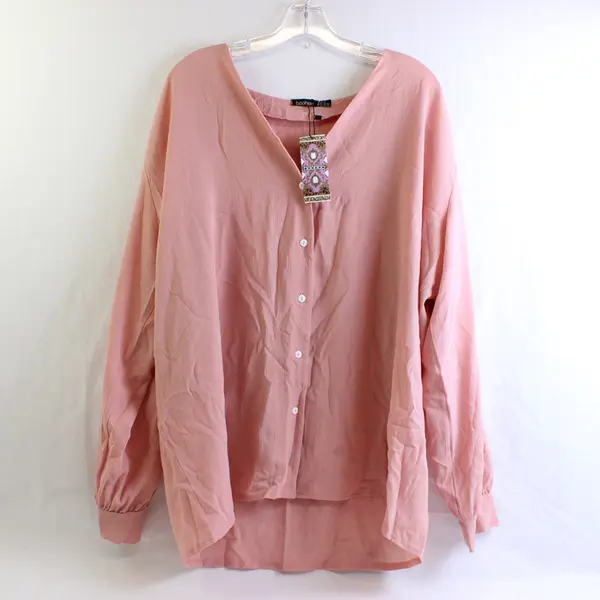 Boohoo Plus Button Front Top Blouse Sz 14 Pink Polyester