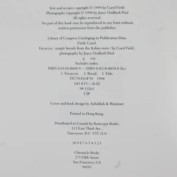 Focaccia Simple Breads from the Italian Oven by Carol Field 1994 Paperback Good