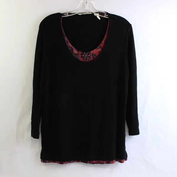 French Laundry Black 3/4 Sleeve Travel Knit Top Size L Red Purple Accent 