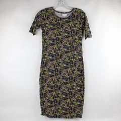 LulaRoe Julia Dress Size XXS Navy Yellow Floral Pattern Polyester Blend