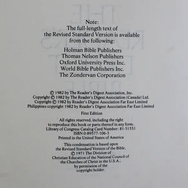 The Reader’s Digest Bible Condensed From The Revised Version 1982 1st Edition HC