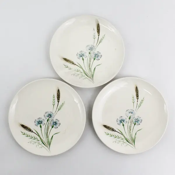 Set of 3 Prairie Flower Japan Blue Flower Wheat Pattern Bread Plates 6 1/2"