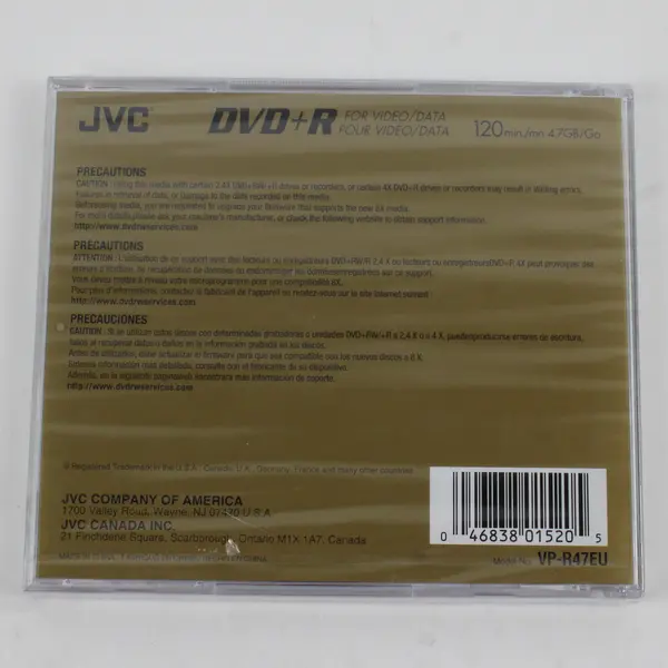 Blank DVD+R Recordable Disc JVC- 4.7GB, 120 mins., VP -R47EU New/Sealed