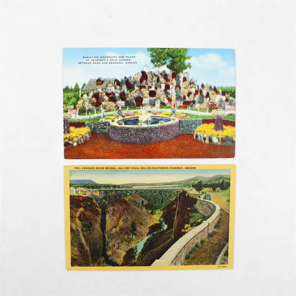 Lot Of 2 Oregon Litho Postcards Crooked River Bridge Petersen's Rock Garden