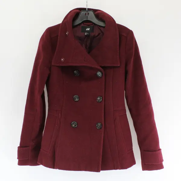 H&M Women's 4 Wine Colored Double-Breasted Belted - Pea Coat 