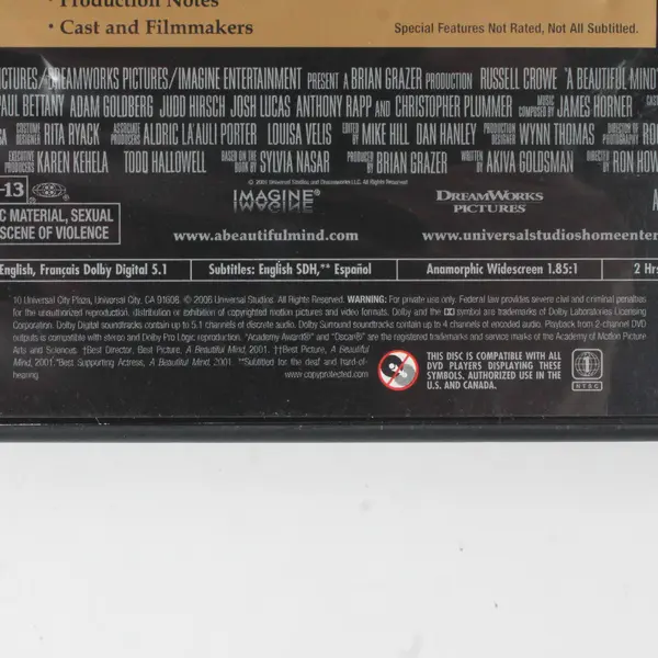 A Beautiful Mind Directed By Ron Howard (Universal, Widescreen, DVD, 2002)