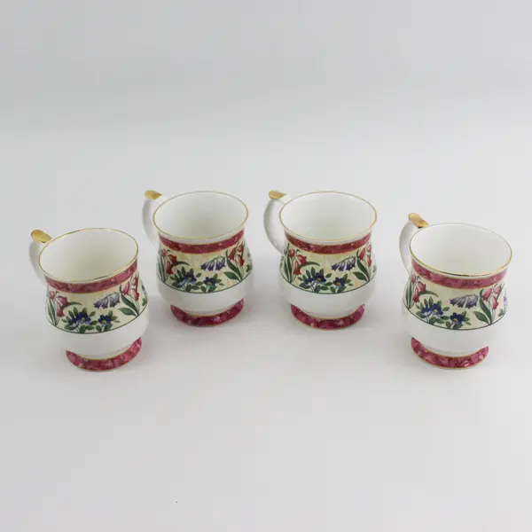 4 Queen's Fine China Footed Coffee Cups Floral Pattern Pink Bands Gold Trim