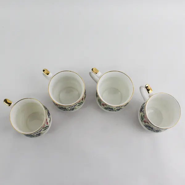 4 Queen's Fine China Footed Coffee Cups Floral Pattern Pink Bands Gold Trim
