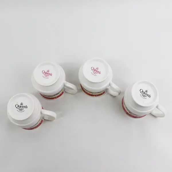 4 Queen's Fine China Footed Coffee Cups Floral Pattern Pink Bands Gold Trim