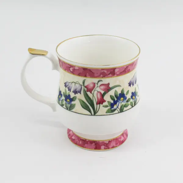 4 Queen's Fine China Footed Coffee Cups Floral Pattern Pink Bands Gold Trim