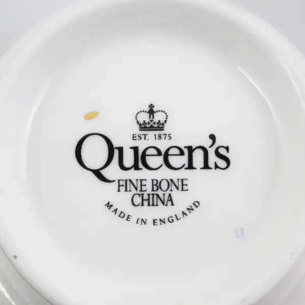 4 Queen's Fine China Footed Coffee Cups Floral Pattern Pink Bands Gold Trim