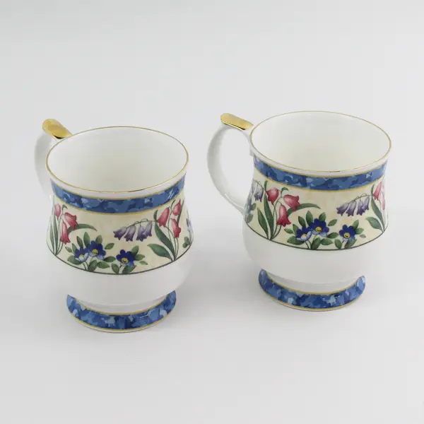 2 Queen's  Fine China Footed Coffee Cups Blue Bands Floral Pattern Gold Trim