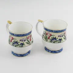 2 Queen's  Fine China Footed Coffee Cups Blue Bands Floral Pattern Gold Trim