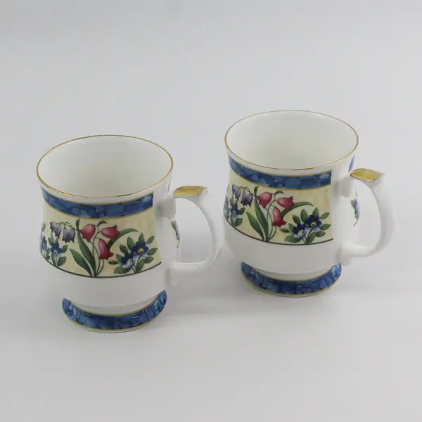 2 Queen's  Fine China Footed Coffee Cups Blue Bands Floral Pattern Gold Trim