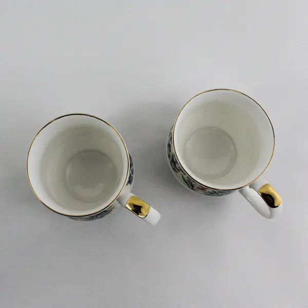 2 Queen's  Fine China Footed Coffee Cups Blue Bands Floral Pattern Gold Trim