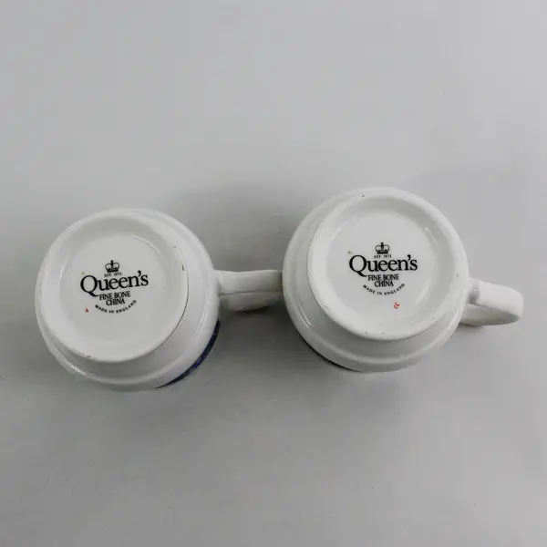 2 Queen's  Fine China Footed Coffee Cups Blue Bands Floral Pattern Gold Trim