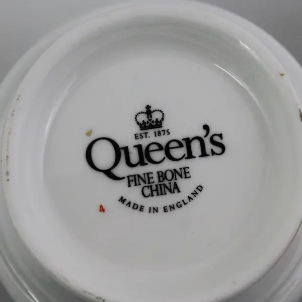 2 Queen's  Fine China Footed Coffee Cups Blue Bands Floral Pattern Gold Trim