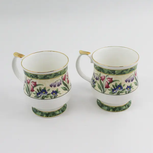 2 Queen's Fine China Footed Coffee Cups Green Band Floral pattern Gold Trim