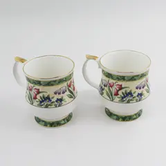 2 Queen's Fine China Footed Coffee Cups Green Band Floral pattern Gold Trim