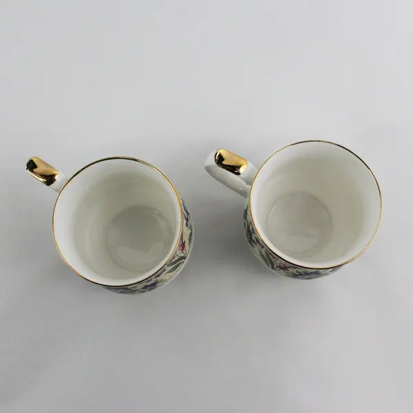 2 Queen's Fine China Footed Coffee Cups Green Band Floral pattern Gold Trim