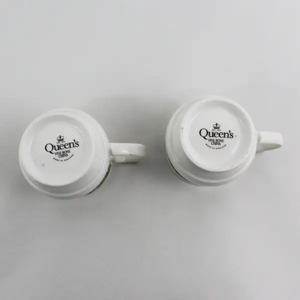 2 Queen's Fine China Footed Coffee Cups Green Band Floral pattern Gold Trim
