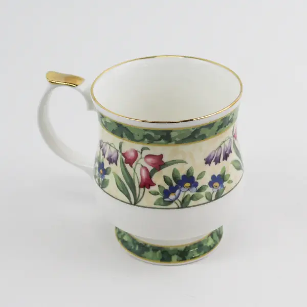 2 Queen's Fine China Footed Coffee Cups Green Band Floral pattern Gold Trim