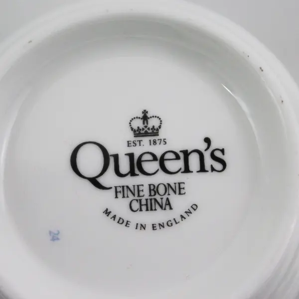 2 Queen's Fine China Footed Coffee Cups Green Band Floral pattern Gold Trim