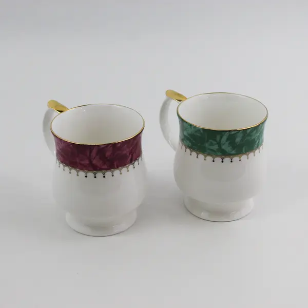 2 Queen's Fine China Symphony Coffee Cups White W/ Gold Trim Colored Bands