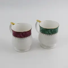 2 Queen's Fine China Symphony Coffee Cups White W/ Gold Trim Colored Bands