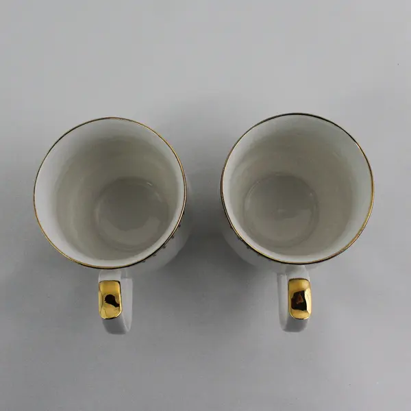2 Queen's Fine China Symphony Coffee Cups White W/ Gold Trim Colored Bands