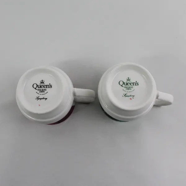 2 Queen's Fine China Symphony Coffee Cups White W/ Gold Trim Colored Bands