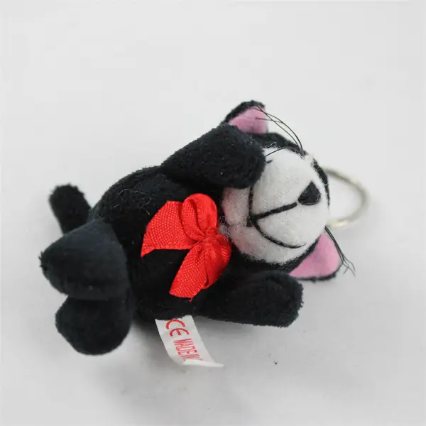 Plush Black & White Cat Keychain - Metal Ring, Pre-Owned Cute Bag Charm