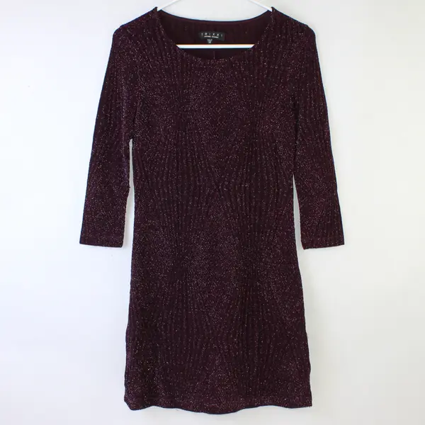 Trixxi Knit 3/4 Sleeve Shift Mini Dress Size XS Purple With Glitter Accents 