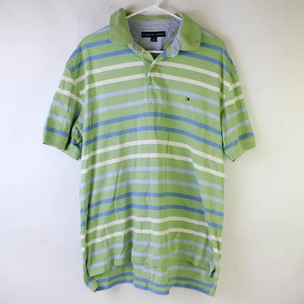 Tommy Hilfiger Men’s Polo Shirt Large Green Blue Striped Short Sleeve Top