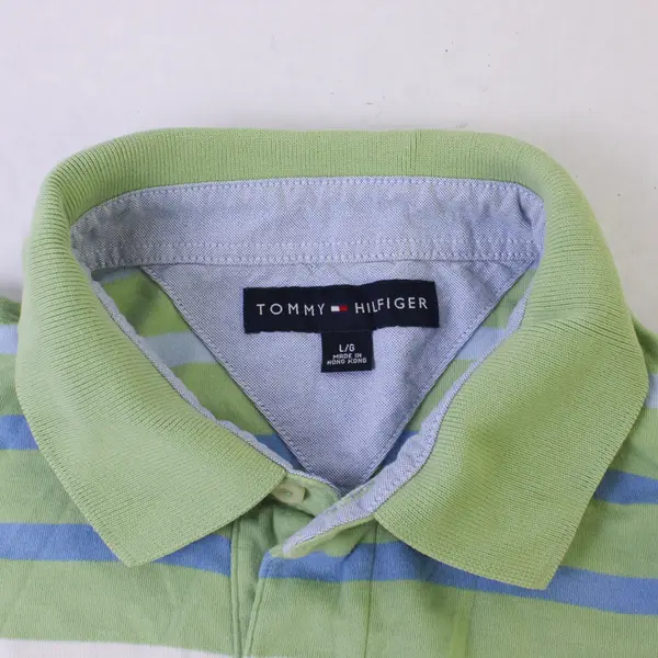 Tommy Hilfiger Men’s Polo Shirt Large Green Blue Striped Short Sleeve Top