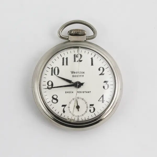 Vtg Westclox Scotty Style 3 Wind Pocket Watch  Model 90001  Runs Cracked Crystal