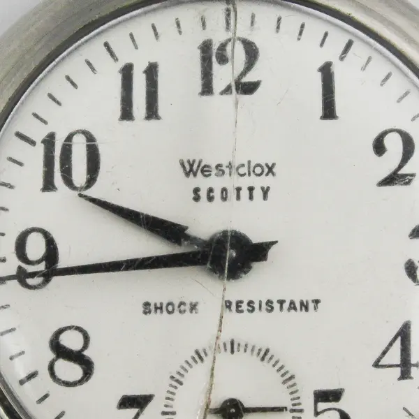 Vtg Westclox Scotty Style 3 Wind Pocket Watch  Model 90001  Runs Cracked Crystal